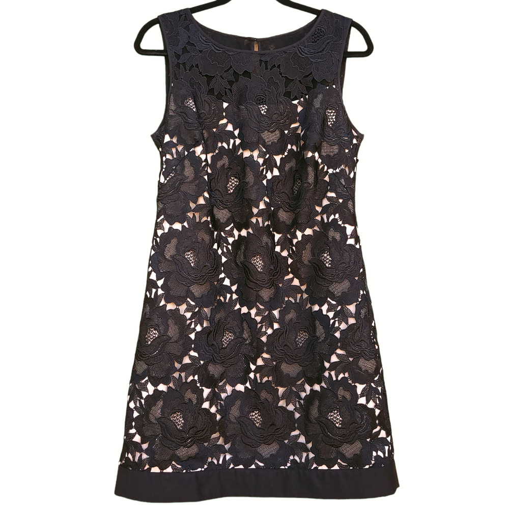 White House Black Market WHBM Dress Midi Black Lace Sleeveless Size 8